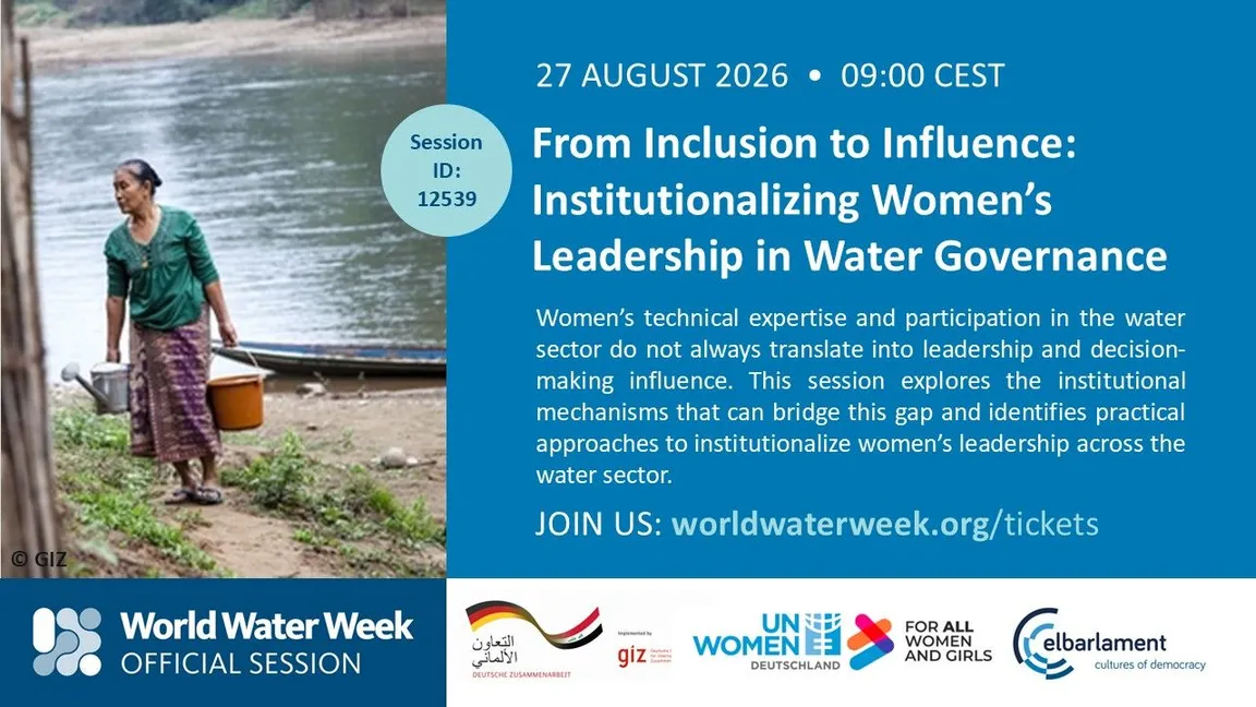 Promotional banner for a World Water Week session titled "From Inclusion to Influence: Institutionalizing Women's Leadership in Water Governance" on 27 August 2026, with a woman carrying water containers by a river.