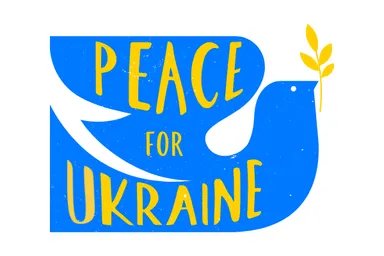 Graphic of a blue dove carrying a yellow olive branch with the text "Peace for Ukraine".
