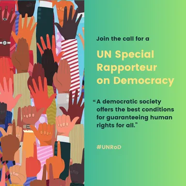 Illustration of raised hands in a crowd beside text reading "Join the call for a UN Special Rapporteur on Democracy" and the hashtag "#UNRoD".