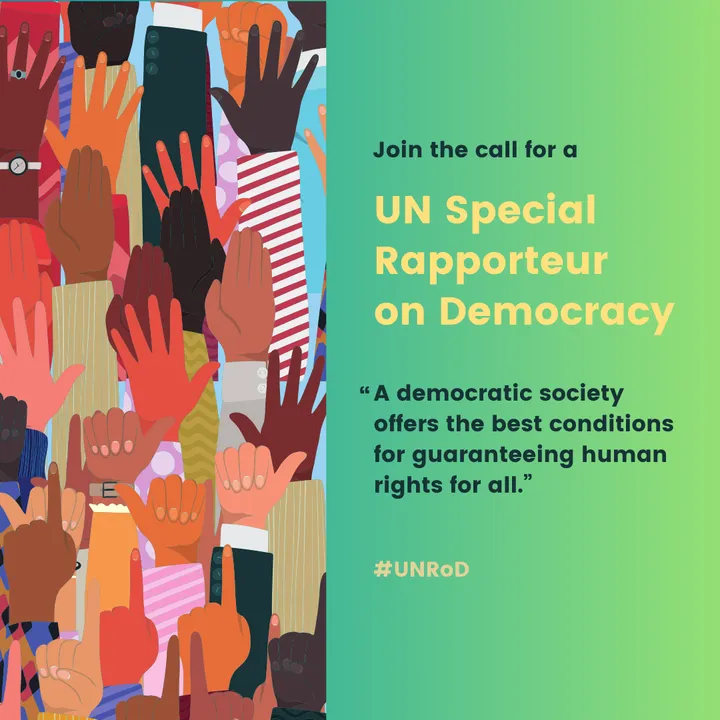 Illustration of raised hands in a crowd beside text reading "Join the call for a UN Special Rapporteur on Democracy" and the hashtag "#UNRoD".