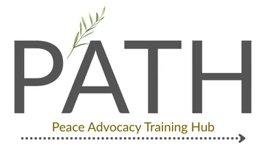 Logo reading "PATH" in grey letters with an olive branch above the "A", and the text "Peace Advocacy Training Hub" below, followed by a dotted arrow.