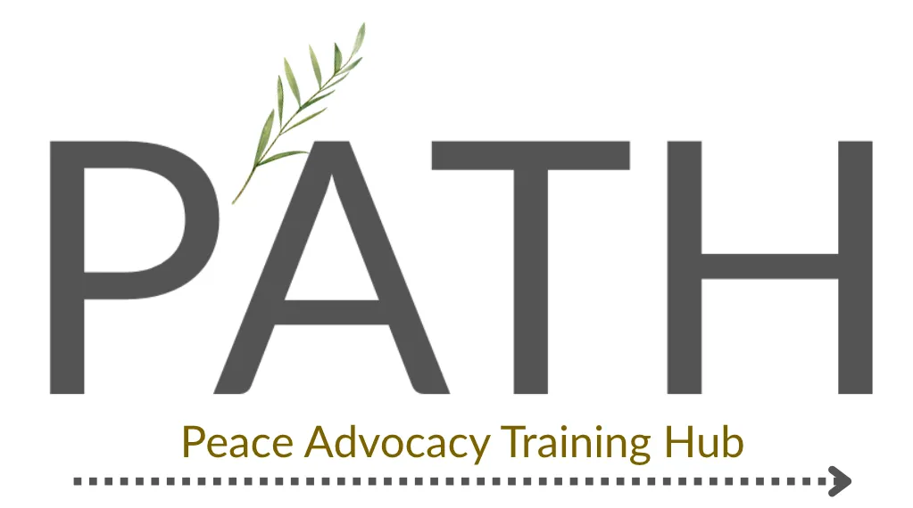Logo reading "PATH" in grey letters with an olive branch above the "A", and the text "Peace Advocacy Training Hub" below, followed by a dotted arrow.