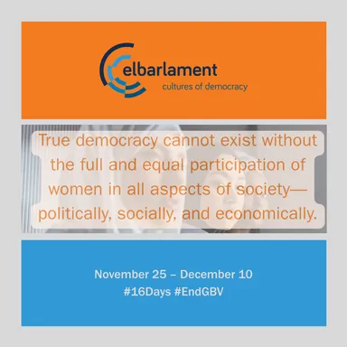 Graphic with the elbarlament logo, a photo of women wearing headscarves, and text "True democracy cannot exist without the full and equal participation of women in all aspects of society".