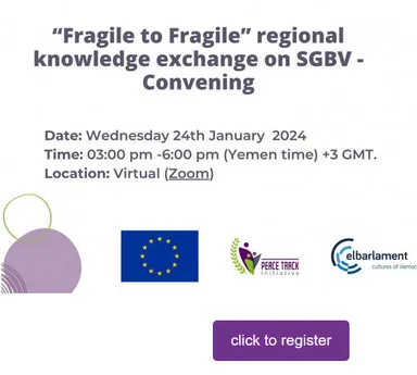 Event graphic reading "Fragile to Fragile regional knowledge exchange on SGBV - Convening," with date, time and Zoom details, EU, Peace Track Initiative and elbarlament logos, and a "click to register" button.