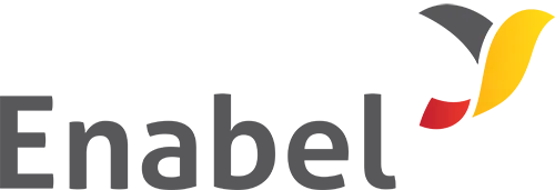 Logo of Enabel, showing the word "Enabel" beside a stylized bird-like emblem in gray, yellow and red.