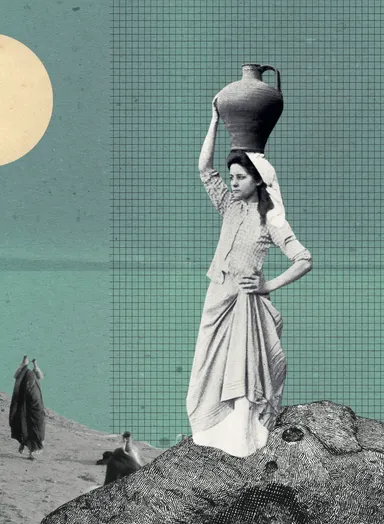 Illustrated collage of a woman balancing a large jug on her head atop a rock formation, with a pale moon and two silhouetted figures carrying jugs in the background.