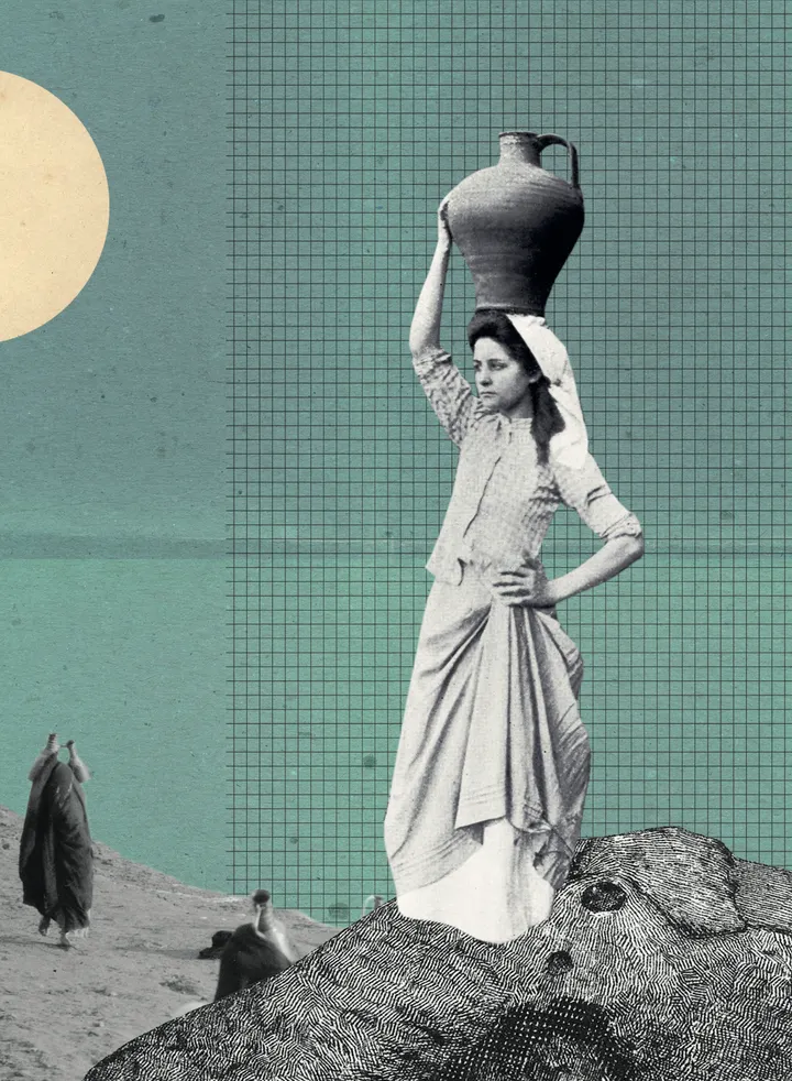 Illustrated collage of a woman balancing a large jug on her head atop a rock formation, with a pale moon and two silhouetted figures carrying jugs in the background.