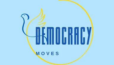 Logo of "Democracy Moves" with a bird outline and a yellow circular swoosh.