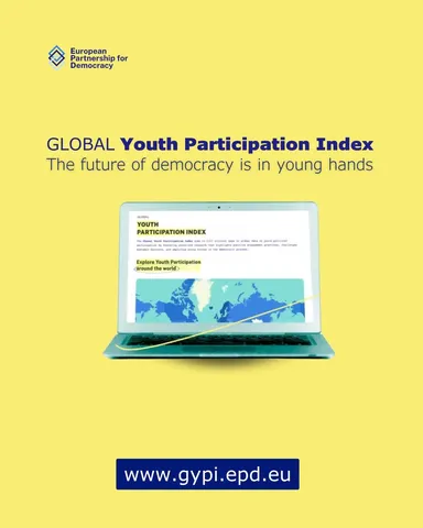 Yellow poster with the "European Partnership for Democracy" logo, headline "GLOBAL Youth Participation Index", a laptop screen showing a world map webpage, and the address "www.gypi.epd.eu".