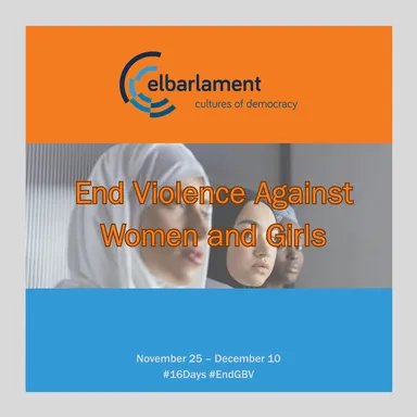 Graphic with the elbarlament logo above a photo of three women in headscarves captioned "End Violence Against Women and Girls" and "November 25 – December 10 #16Days #EndGBV".