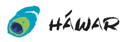 Logo with an abstract teal and green swirl graphic beside the text "HÁWAR".