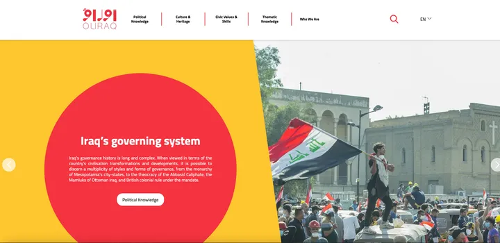Website screenshot with a logo reading "OUIRAQ", a navigation menu, a section titled "Iraq's governing system", and a photo of a person waving the Iraqi flag amid a crowd.