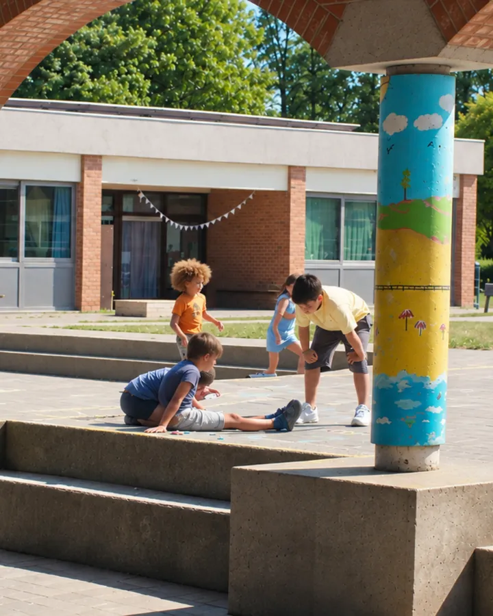Children play on a paved schoolyard next to a brick building, with one boy crouched on the ground and a column painted with clouds, hills and umbrellas in the foreground.