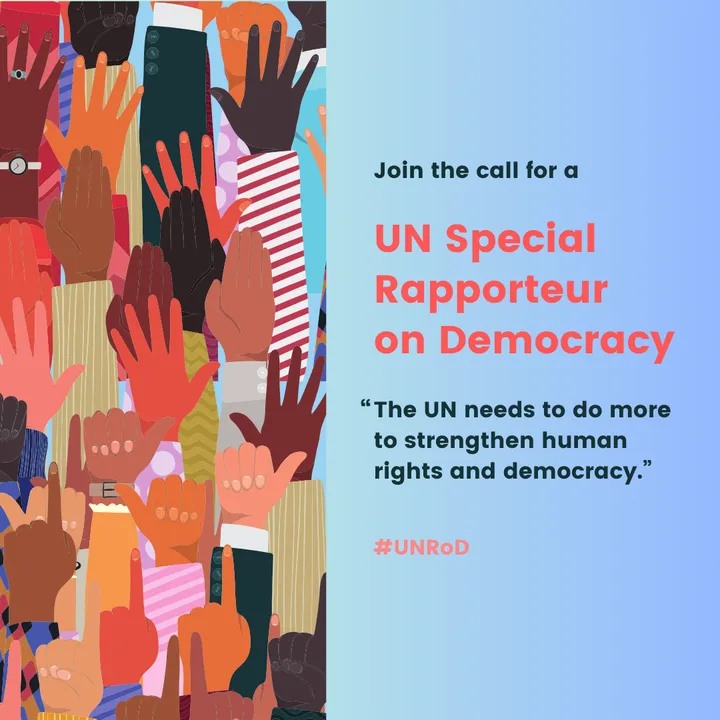 Illustration of raised hands in a crowd beside text reading "Join the call for a UN Special Rapporteur on Democracy" and the hashtag "#UNRoD".